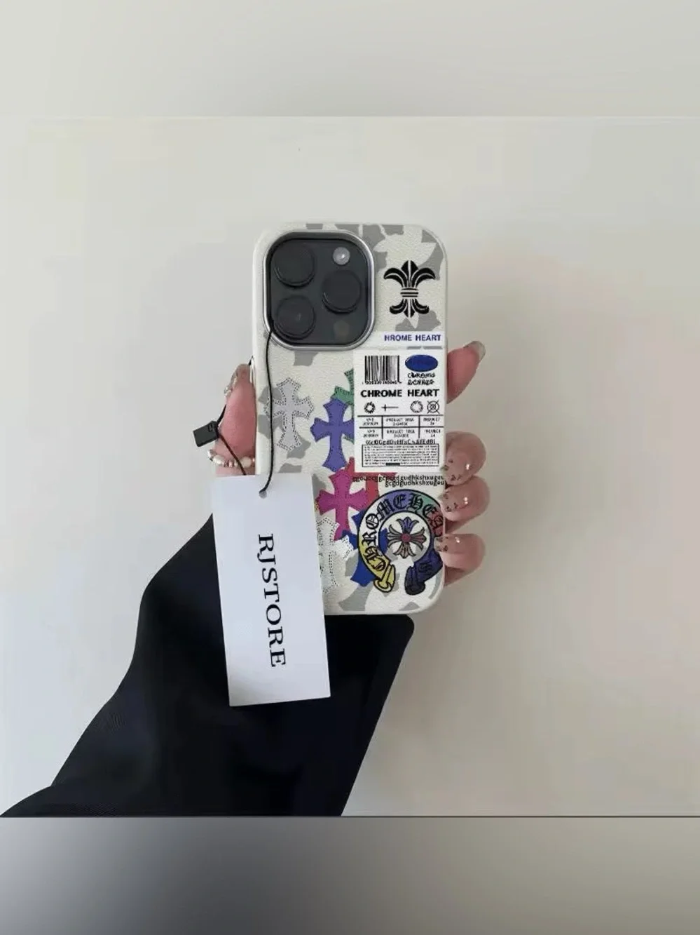 Chrome Hearts White iPhone Case with Purple & Pink Cross Accents